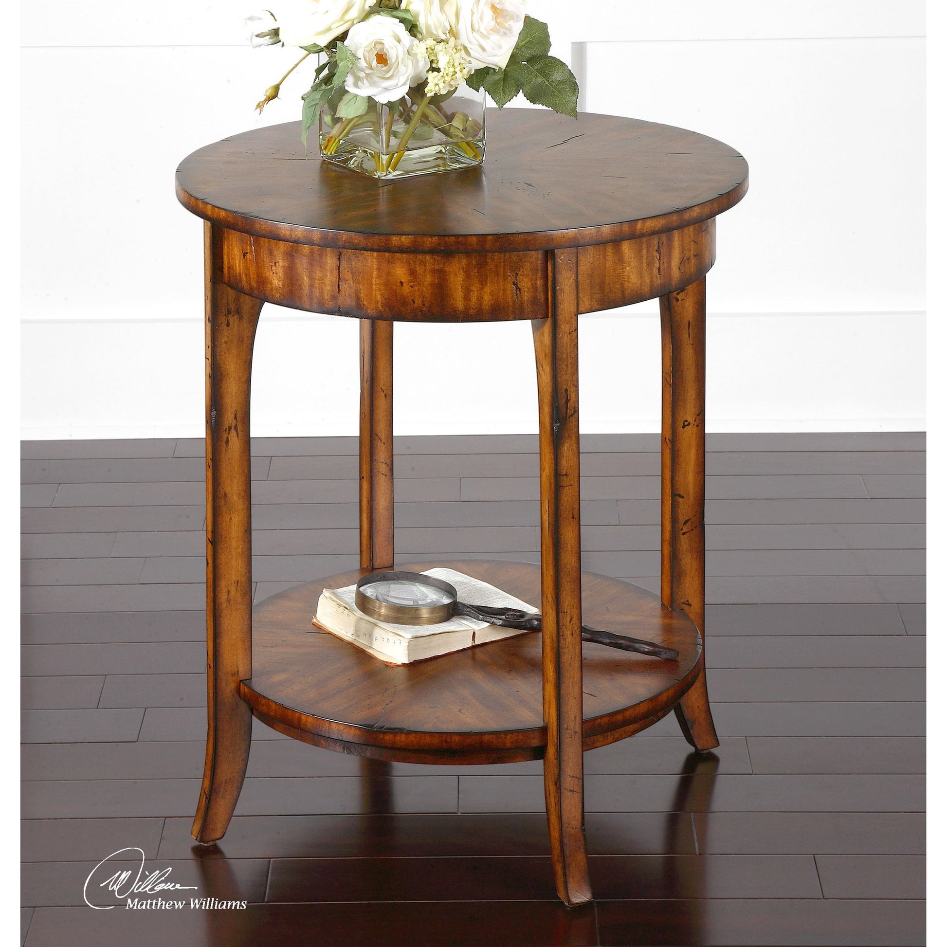Carmel Round Lamp Table by Uttermost. Made from particle board, solid wood, veneer in a modern style.