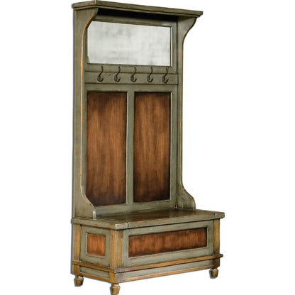Riyo Distressed Hall Tree by Uttermost. Made from mahogany wood with mdf in a cottage & farmhouse style.