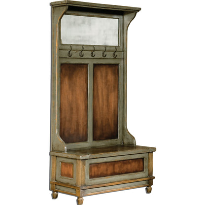 Riyo Distressed Hall Tree by Uttermost. Made from mahogany wood with mdf in a cottage & farmhouse style.
