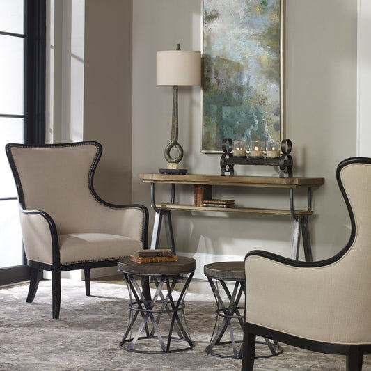 Sandy Wing Back Armchair by Uttermost. Made from wood, foam, fabric in a cottage & farmhouse style.