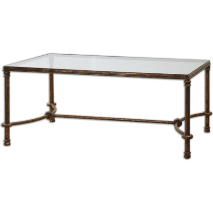 Warring Iron Coffee Table by Uttermost in iron. Made from metal, tempered glass in a cottage & farmhouse style.