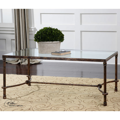 Warring Iron Coffee Table by Uttermost in iron. Made from metal, tempered glass in a cottage & farmhouse style.