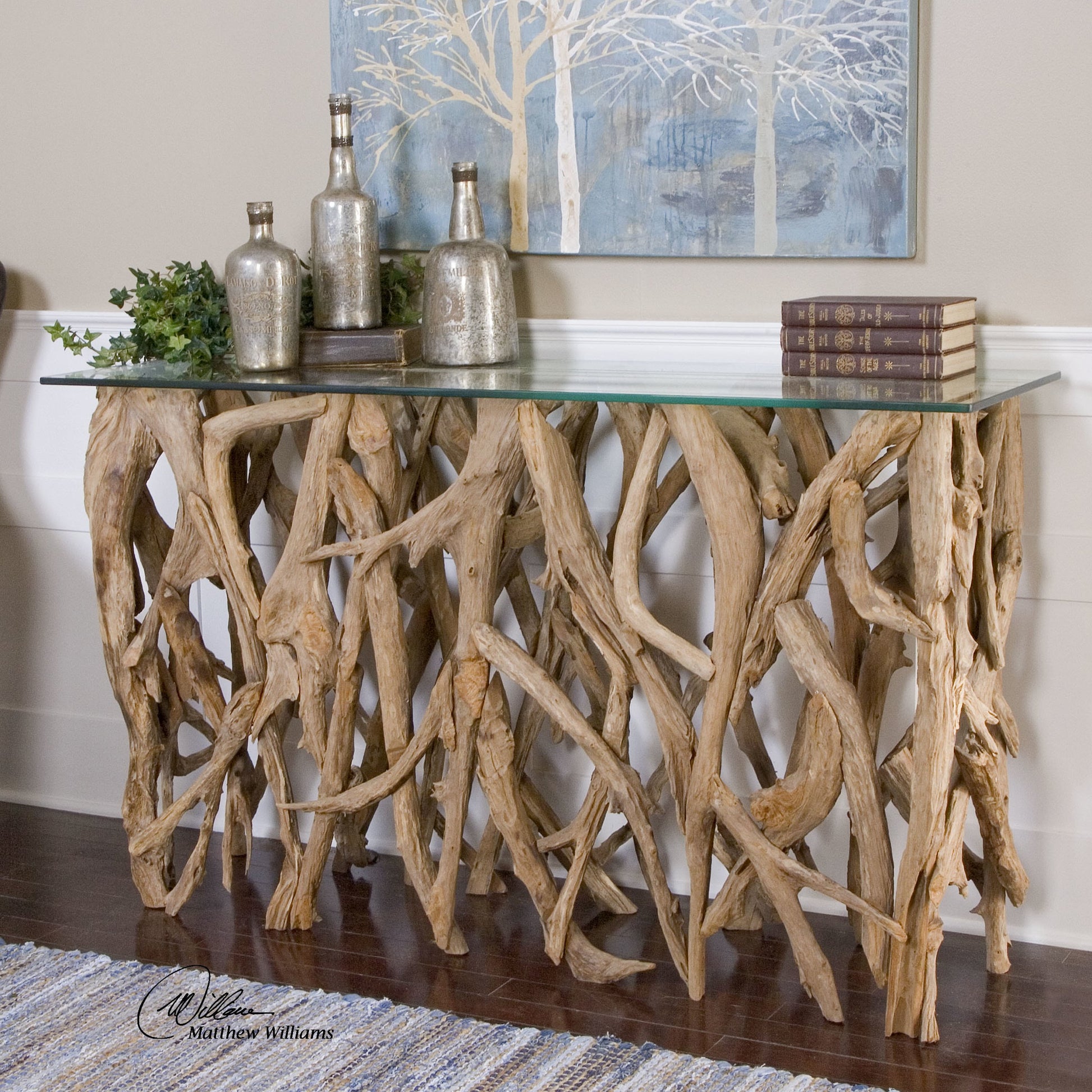Teak Wood Console by Uttermost in teak. Made from wood, glass in a cottage & farmhouse style.