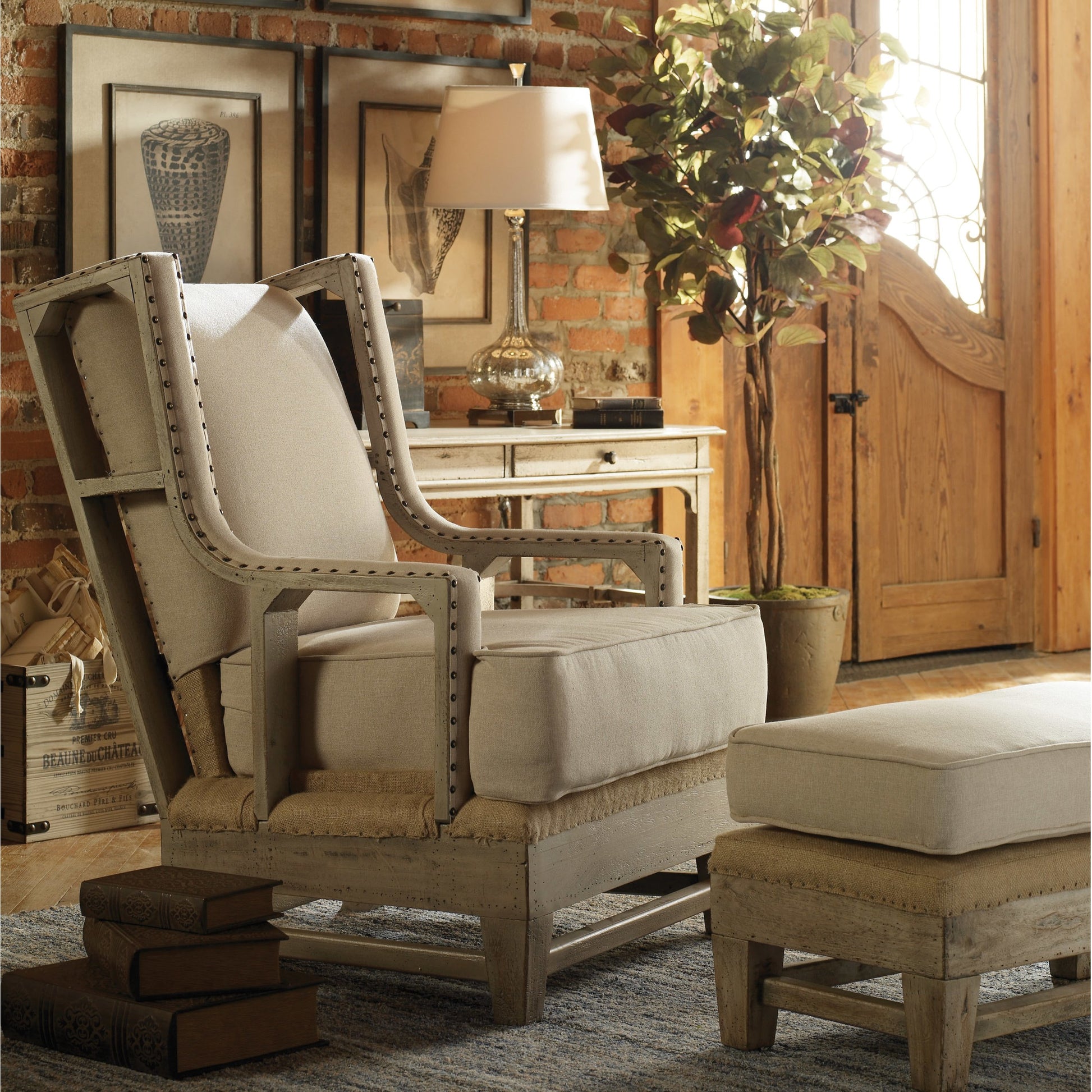 Schafer Armchair by Uttermost. Made from mahogany wood with foam, fabric in a cottage & farmhouse style.