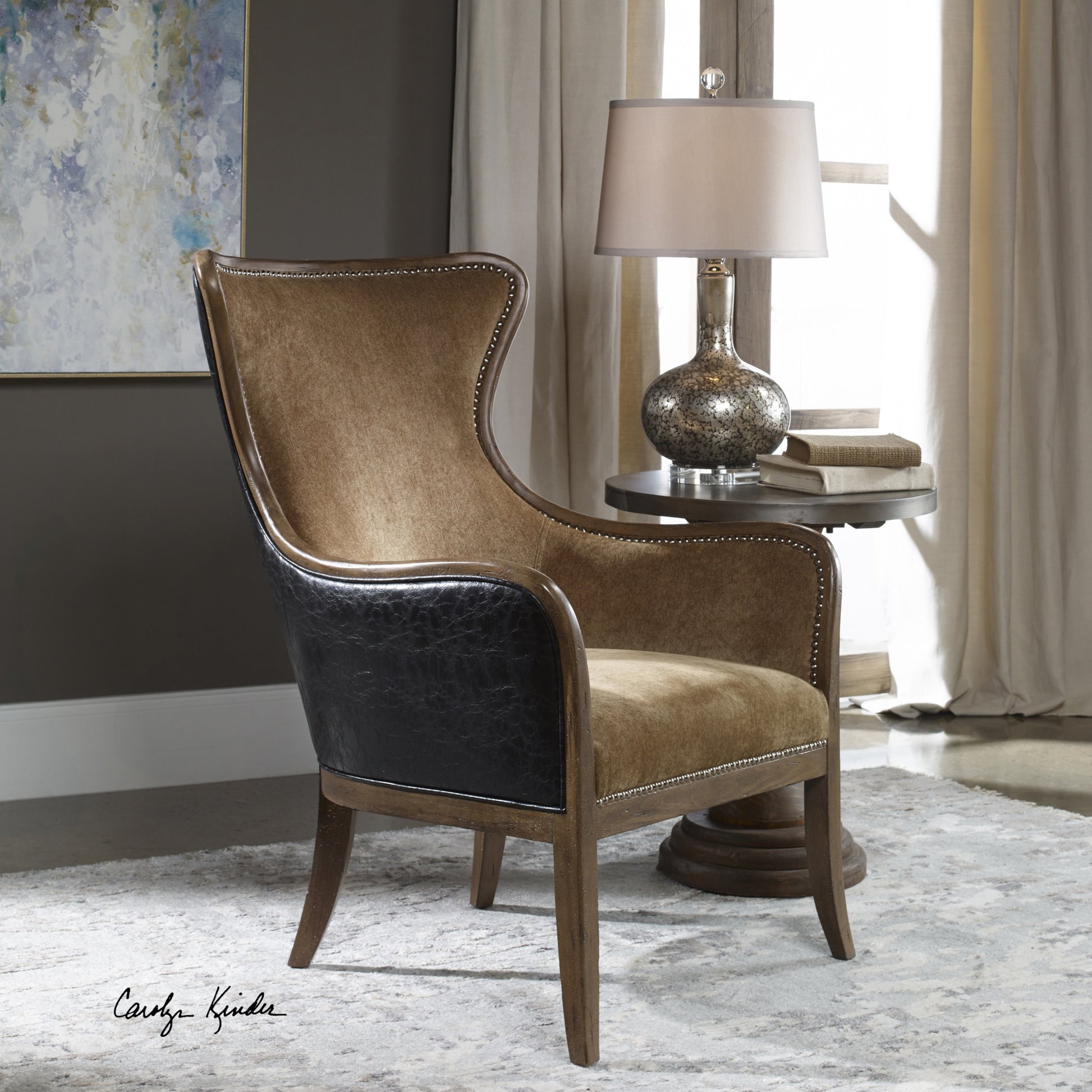 Snowden Tan Wing Chair by Uttermost. Made from wood, foam, fabric, pu leather in a cottage & farmhouse style.