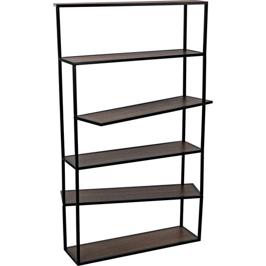 Verso Bookcase by Noir in dark walnut, matte black. Made from industrial steel and veneer shelves in a modern style.