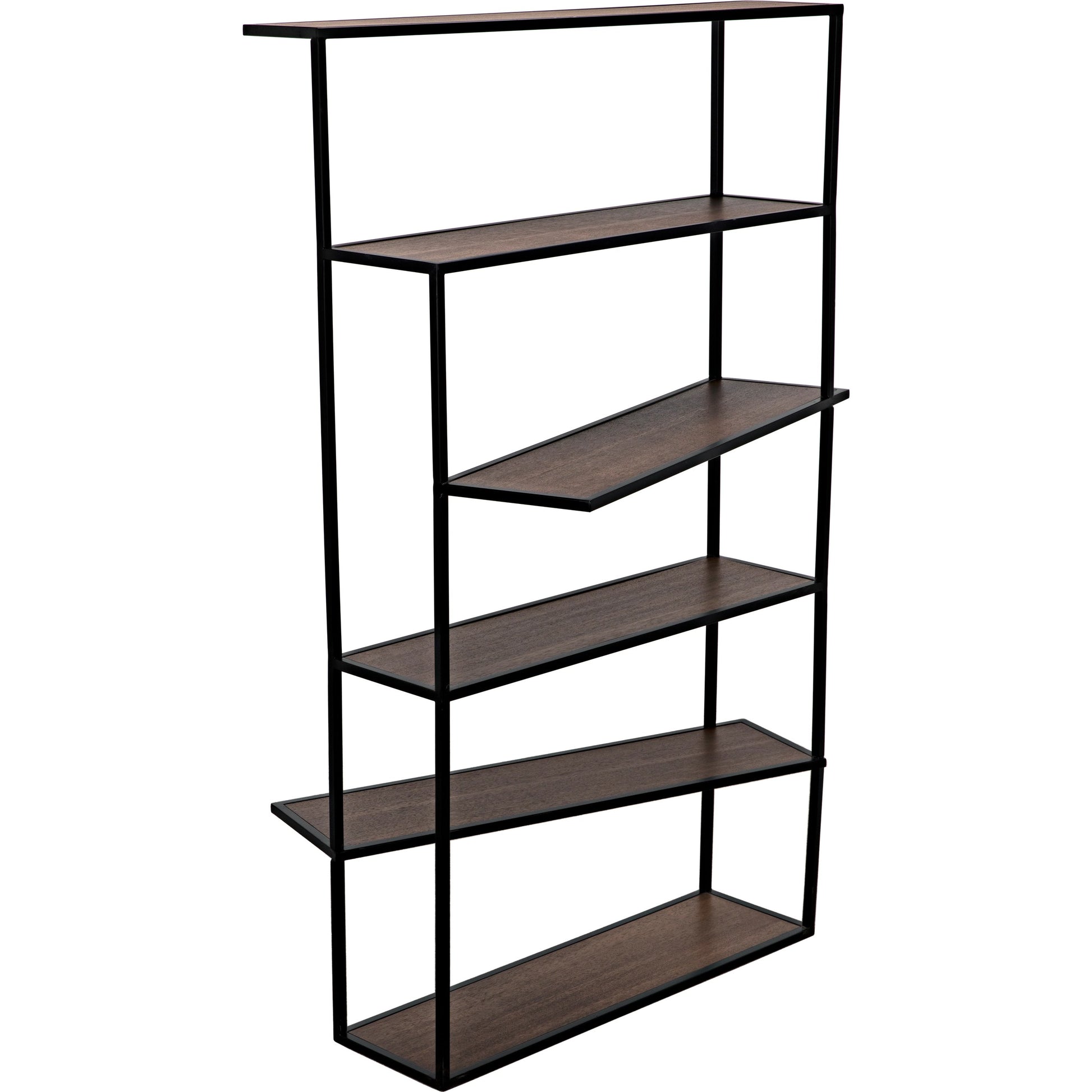Verso Bookcase by Noir in dark walnut, matte black. Made from industrial steel and veneer shelves in a modern style.