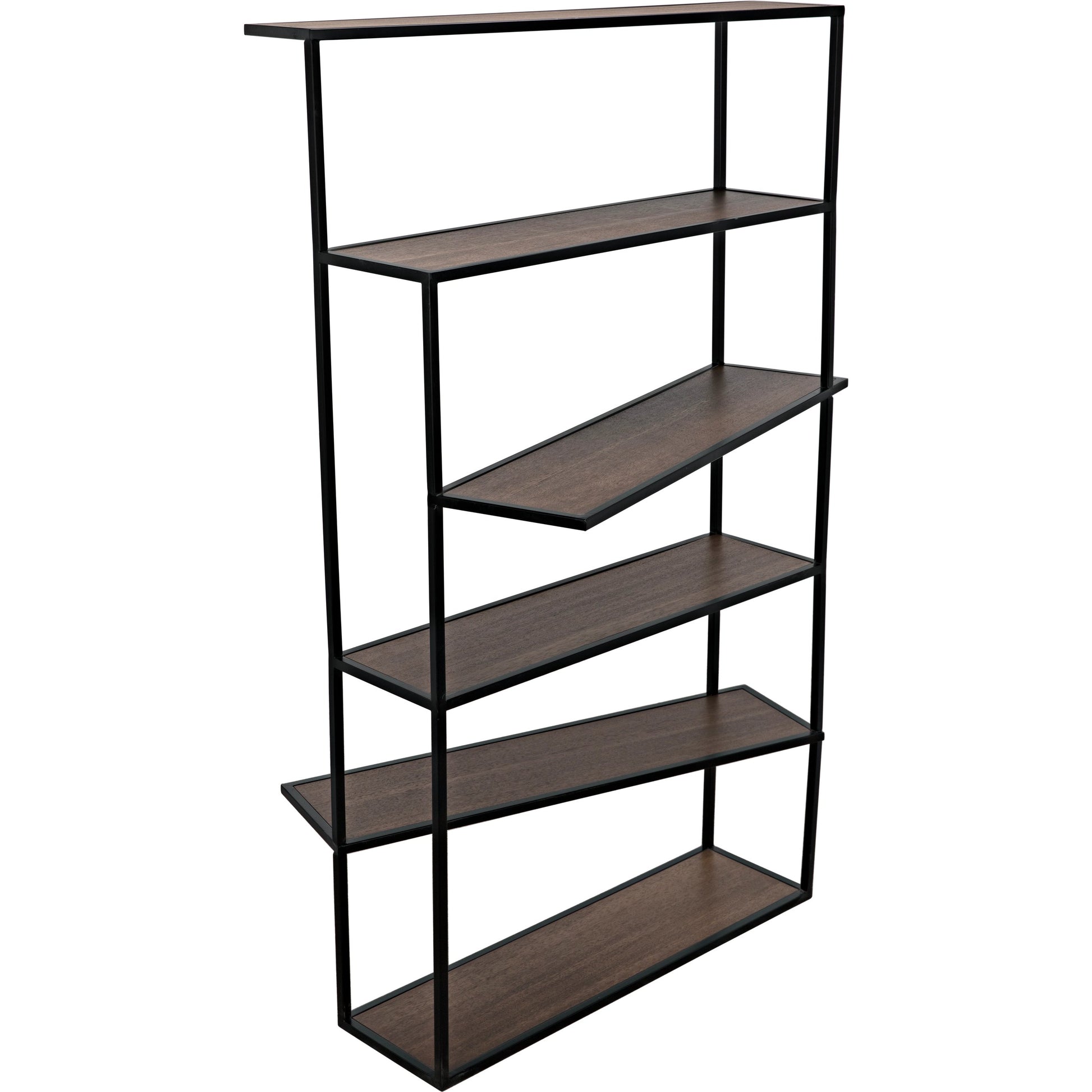 Verso Bookcase by Noir in dark walnut, matte black. Made from industrial steel and veneer shelves in a modern style.