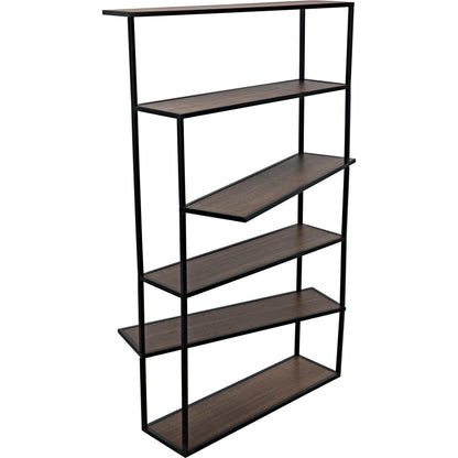 Verso Bookcase by Noir in dark walnut, matte black. Made from industrial steel and veneer shelves in a modern style.