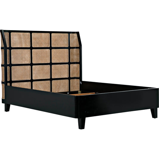 Porto Bed A with Headboard & Frame by Noir in hand rubbed black. Made from mahogany and caning in a cottage & farmhouse style.