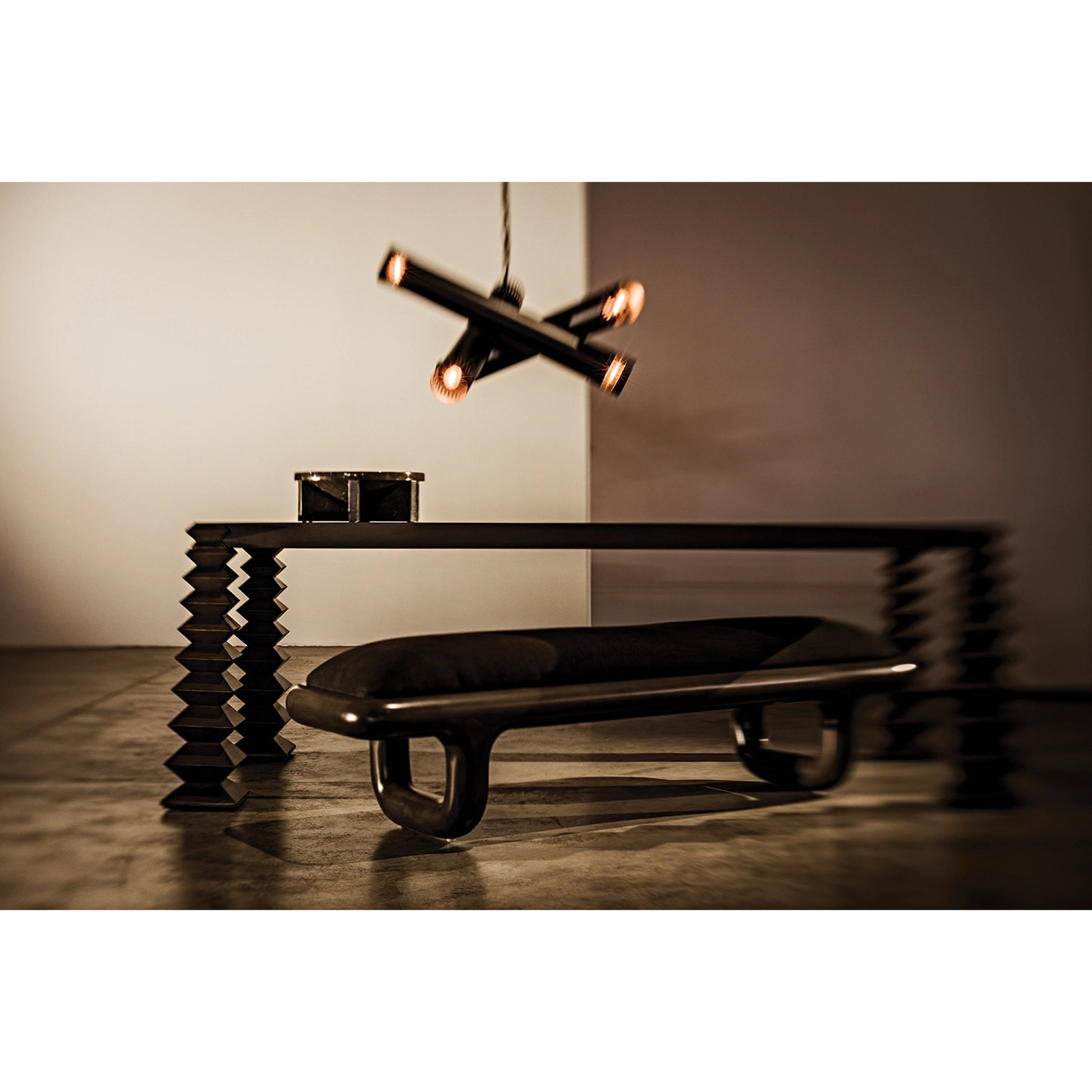 Sigmund Bench by Noir in pale. Made from mahogany and black cotton in a modern style.