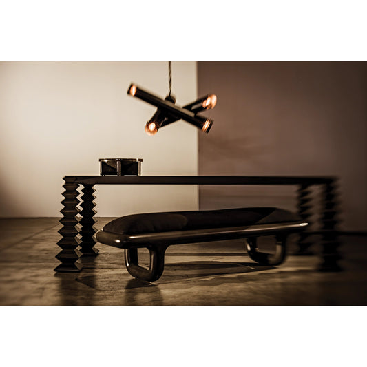 Sigmund Bench by Noir in pale. Made from mahogany and black cotton in a modern style.