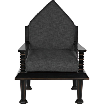 Resurrection Chair by Noir in hand rubbed black. Made from mahogany and grey fabric in a traditional style.