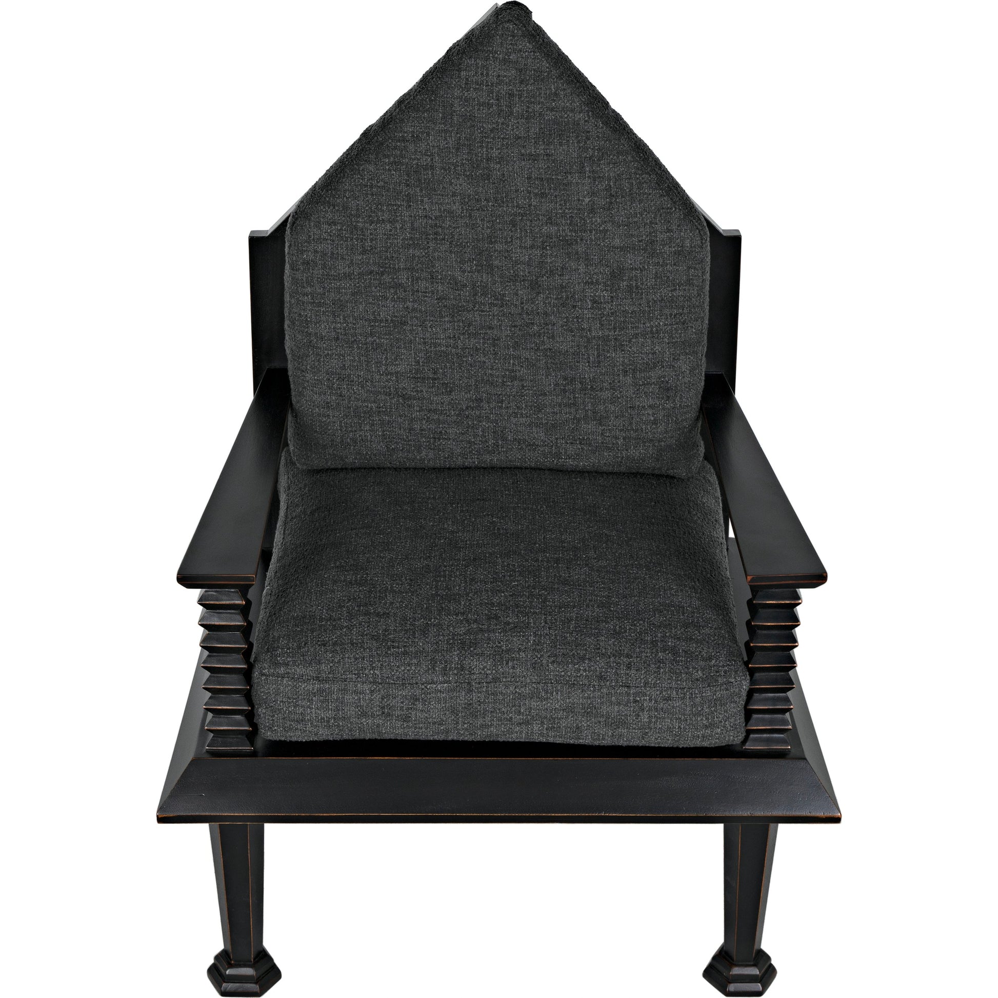 Resurrection Chair by Noir in hand rubbed black. Made from mahogany and grey fabric in a traditional style.