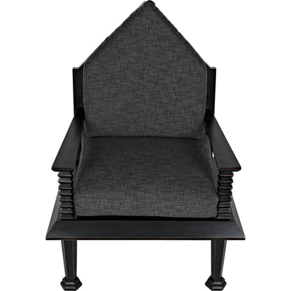 Resurrection Chair by Noir in hand rubbed black. Made from mahogany and grey fabric in a traditional style.