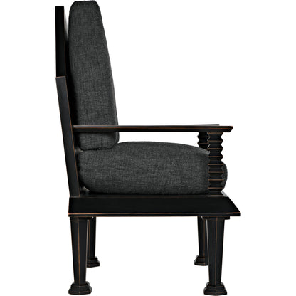 Resurrection Chair by Noir in hand rubbed black. Made from mahogany and grey fabric in a traditional style.
