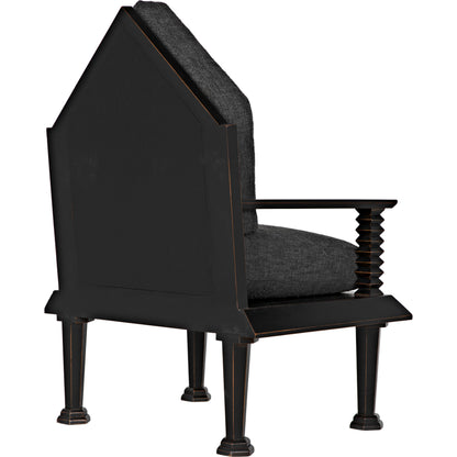 Resurrection Chair by Noir in hand rubbed black. Made from mahogany and grey fabric in a traditional style.