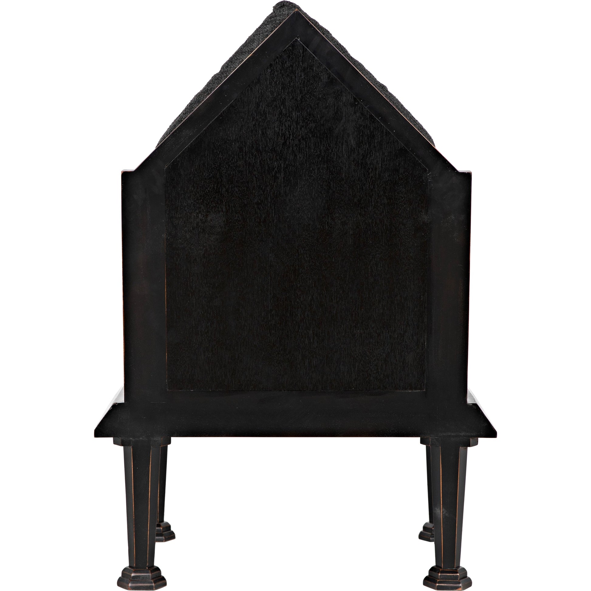 Resurrection Chair by Noir in hand rubbed black. Made from mahogany and grey fabric in a traditional style.
