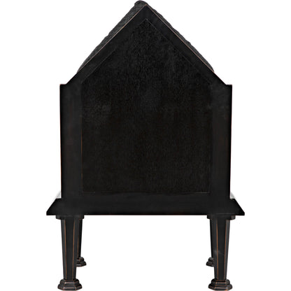 Resurrection Chair by Noir in hand rubbed black. Made from mahogany and grey fabric in a traditional style.