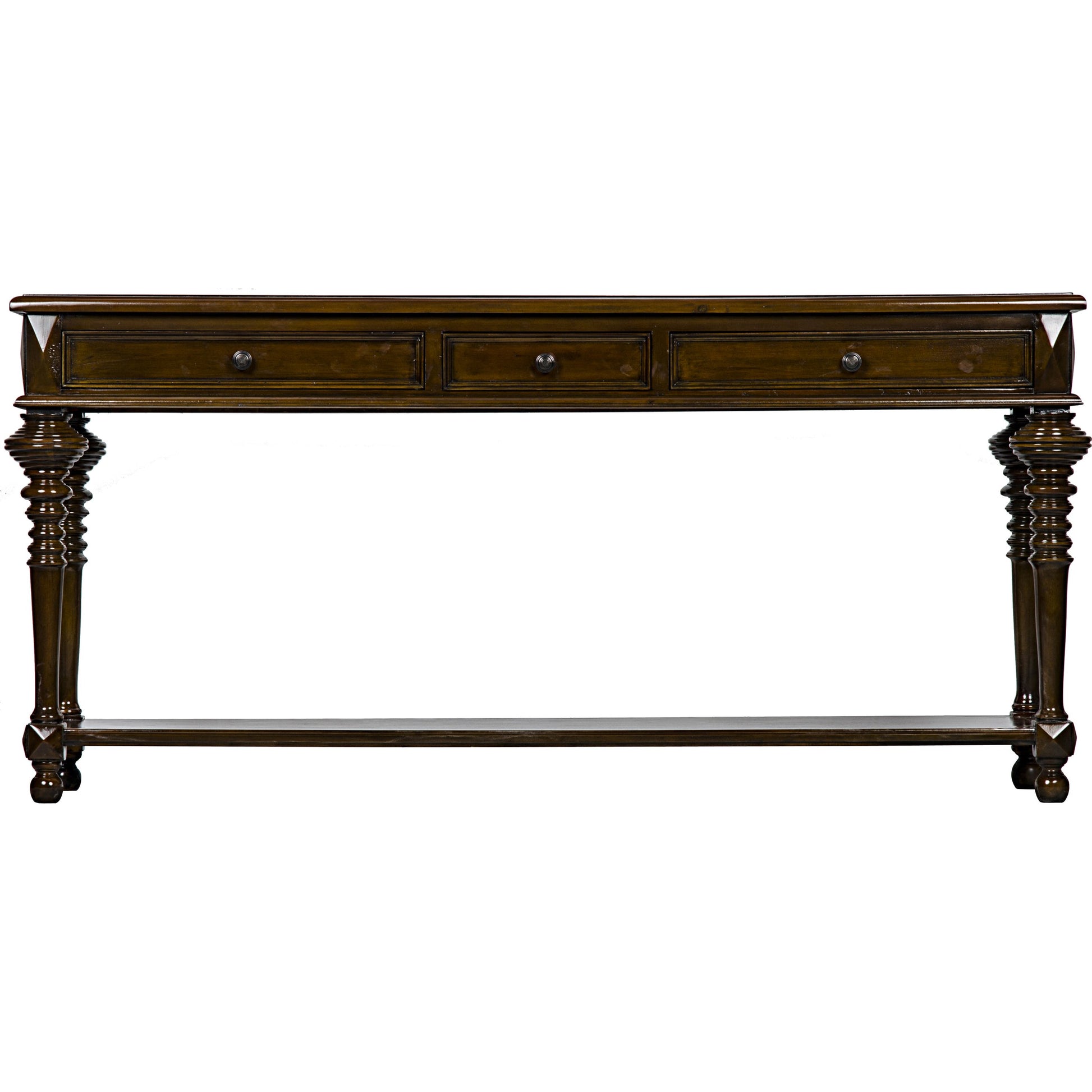 Colonial Sofa Table by Noir in distressed brown. Made from birch in a traditional style.