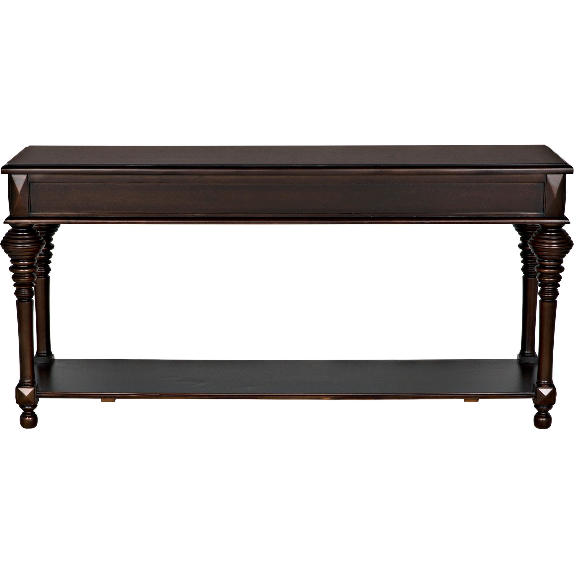 Colonial Sofa Table by Noir in distressed brown. Made from birch in a traditional style.