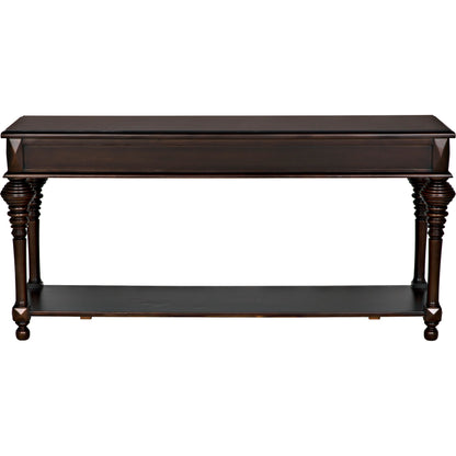 Colonial Sofa Table by Noir in distressed brown. Made from birch in a traditional style.