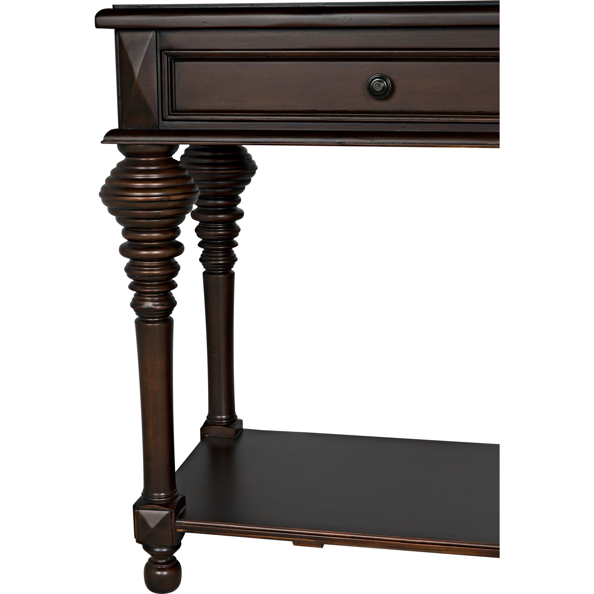 Colonial Sofa Table by Noir in distressed brown. Made from birch in a traditional style.