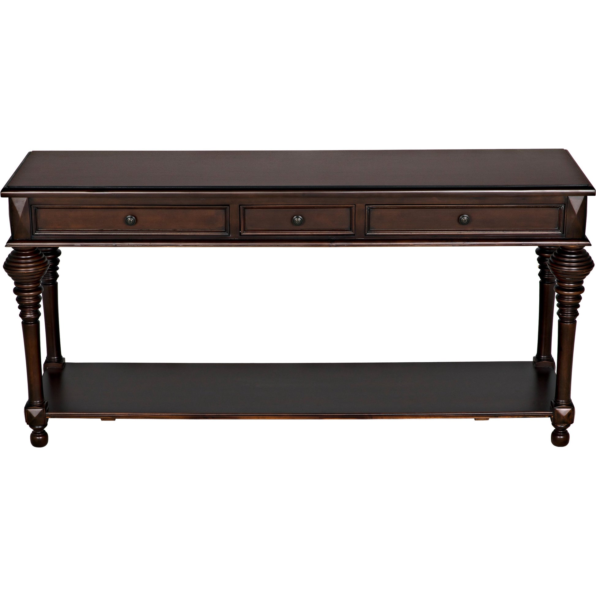 Colonial Sofa Table by Noir in distressed brown. Made from birch in a traditional style.