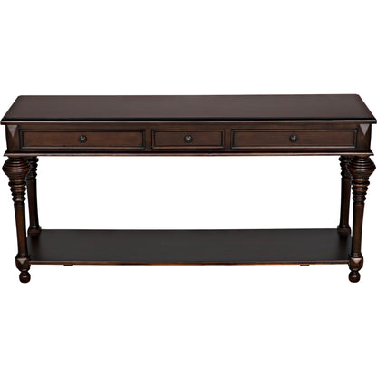 Colonial Sofa Table by Noir in distressed brown. Made from birch in a traditional style.