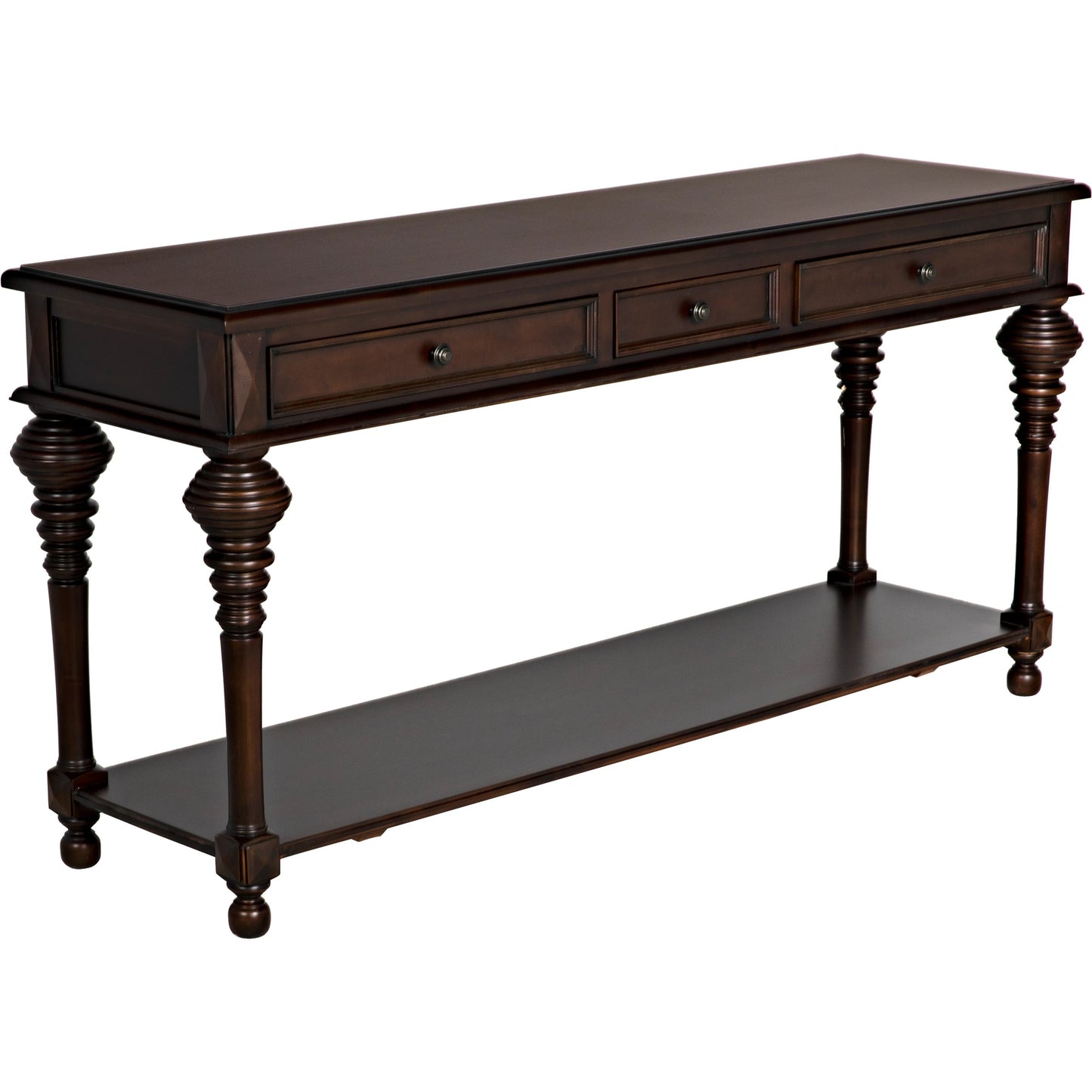 001 S-334567 | Primary Silo | Colonial Sofa Table by Noir in distressed brown. Made from birch in a traditional style.