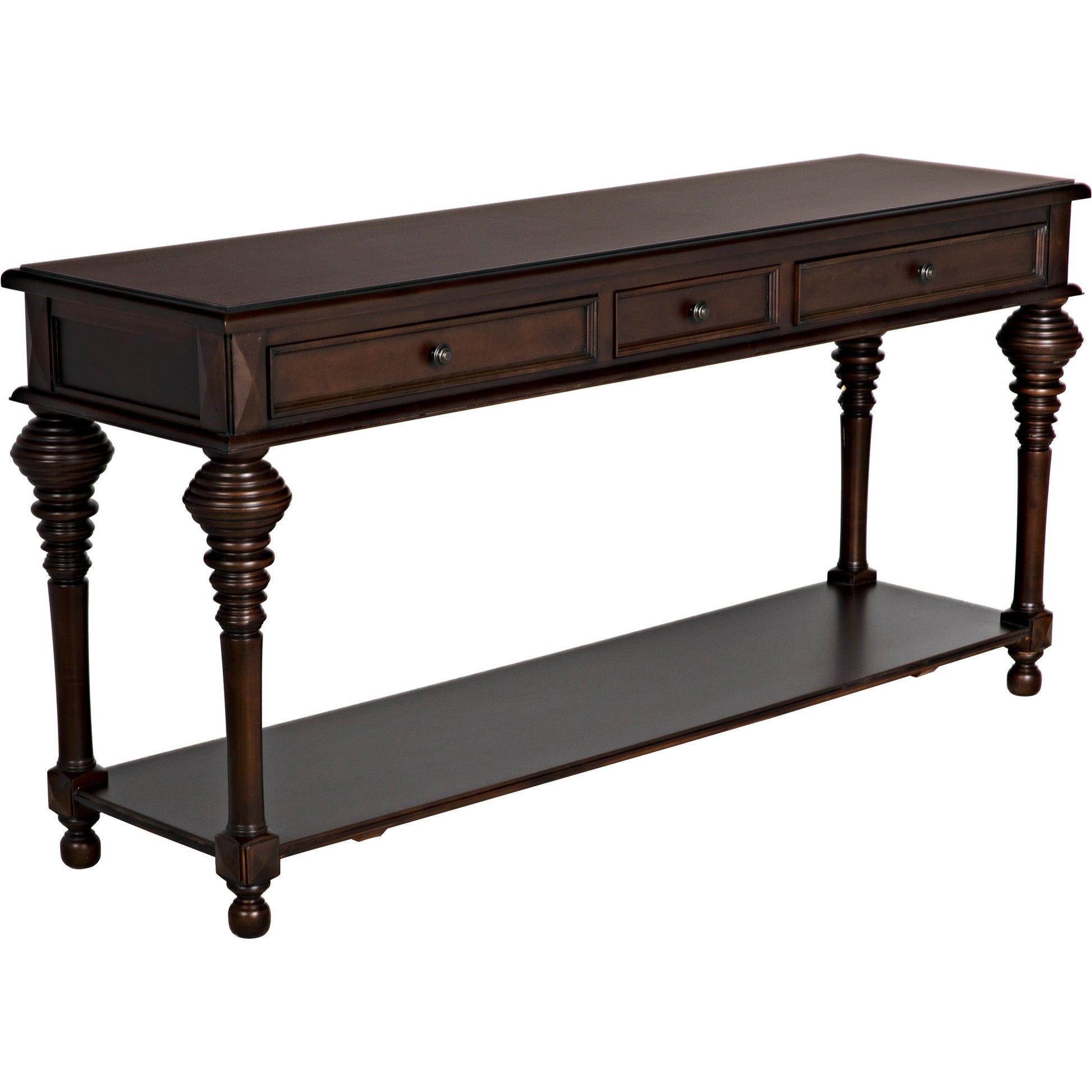 Colonial Sofa Table by Noir in distressed brown. Made from birch in a traditional style.
