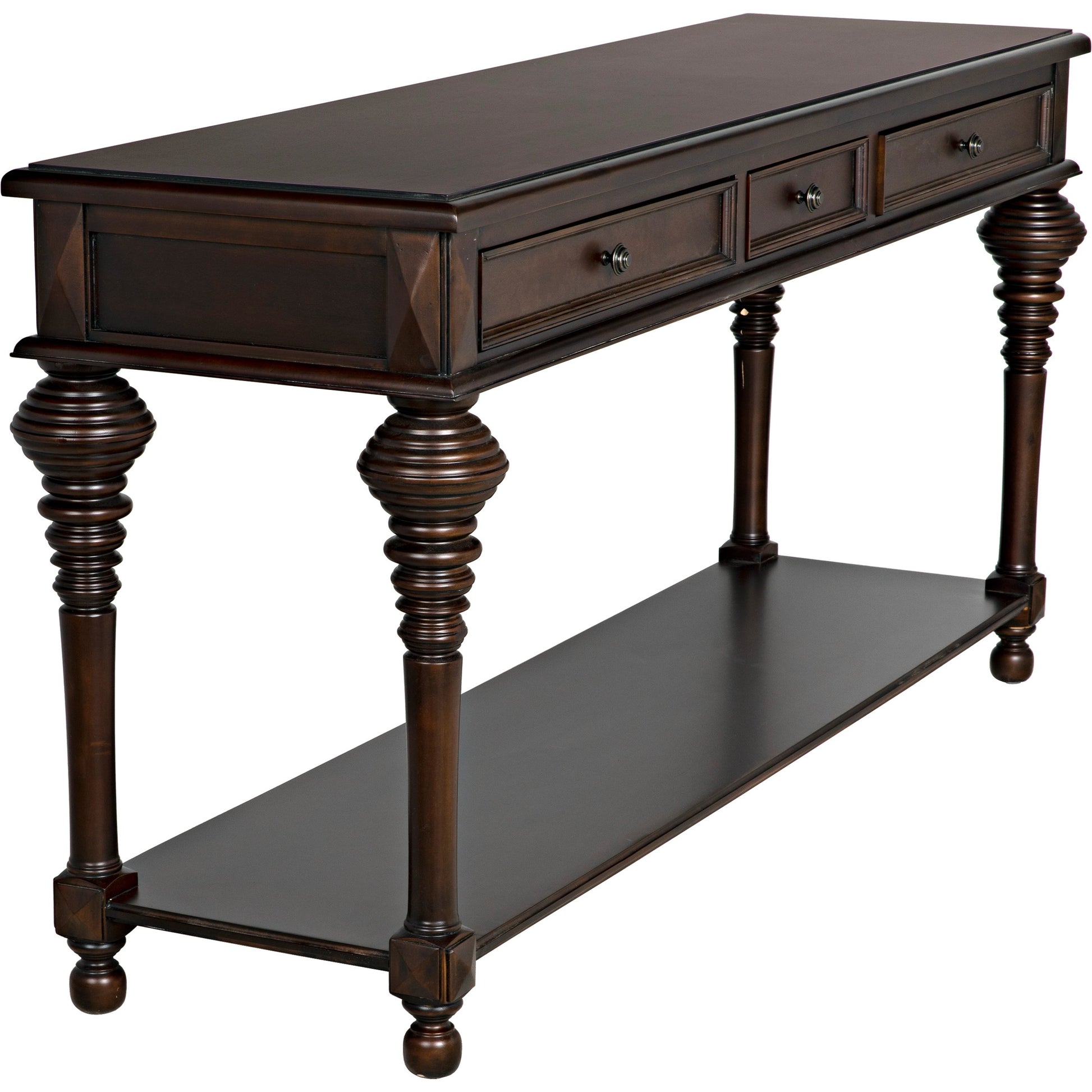 Colonial Sofa Table by Noir in distressed brown. Made from birch in a traditional style.