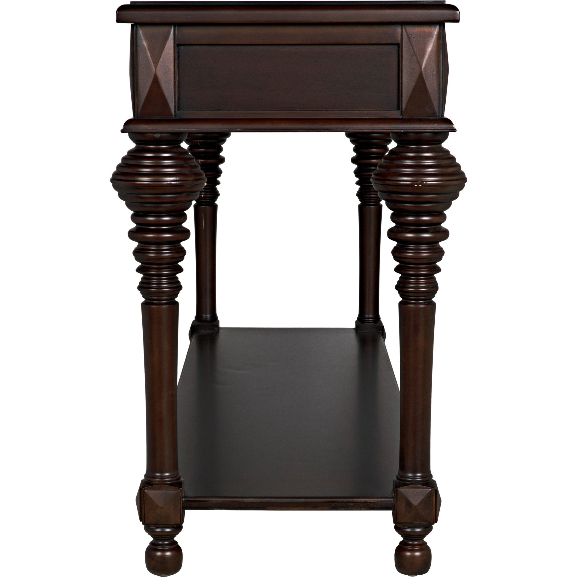 Colonial Sofa Table by Noir in distressed brown. Made from birch in a traditional style.