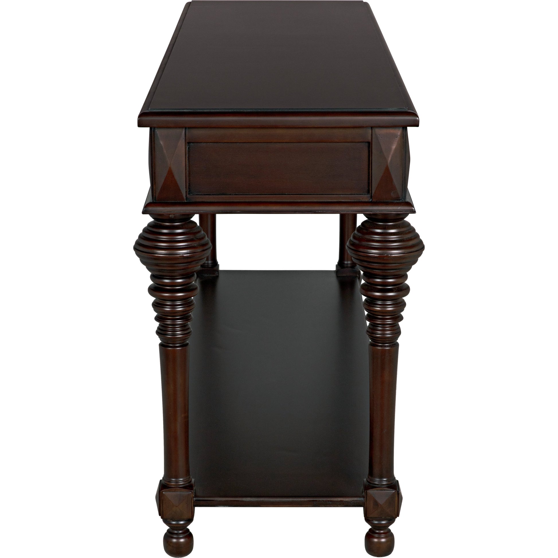Colonial Sofa Table by Noir in distressed brown. Made from birch in a traditional style.