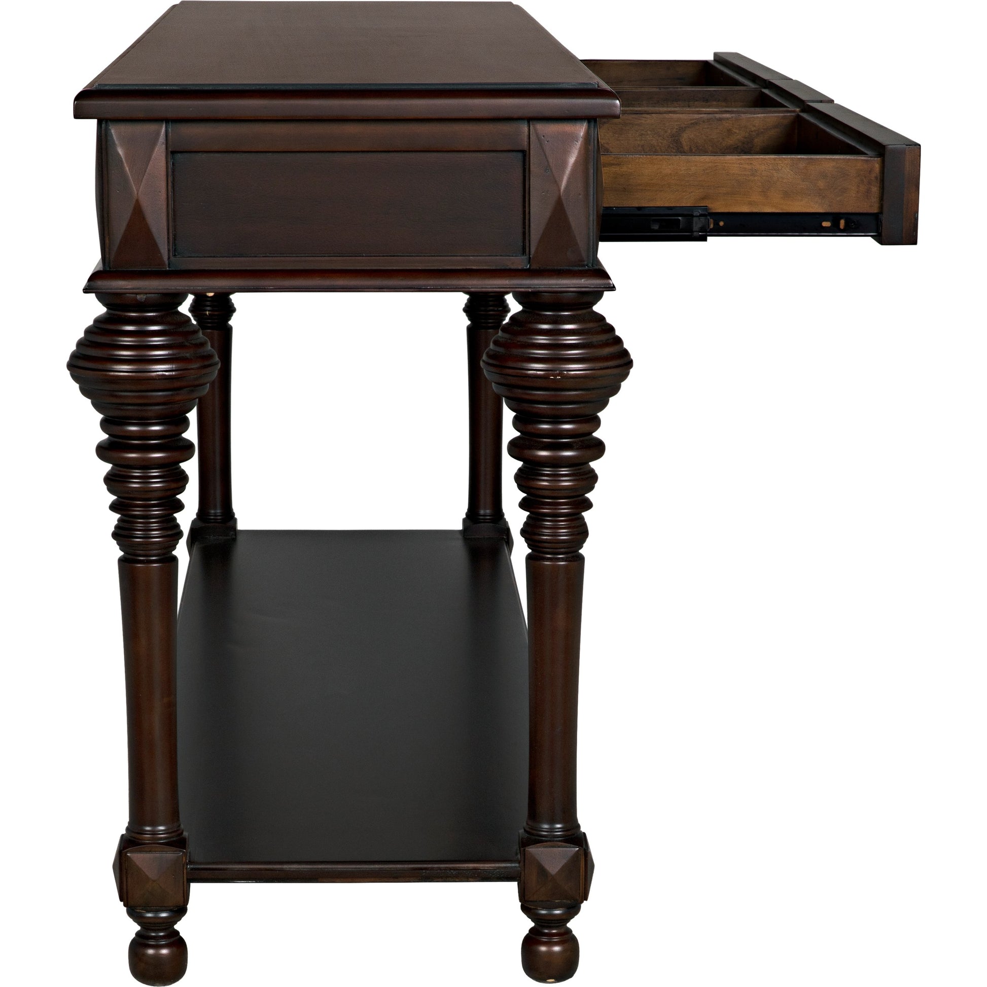 Colonial Sofa Table by Noir in distressed brown. Made from birch in a traditional style.