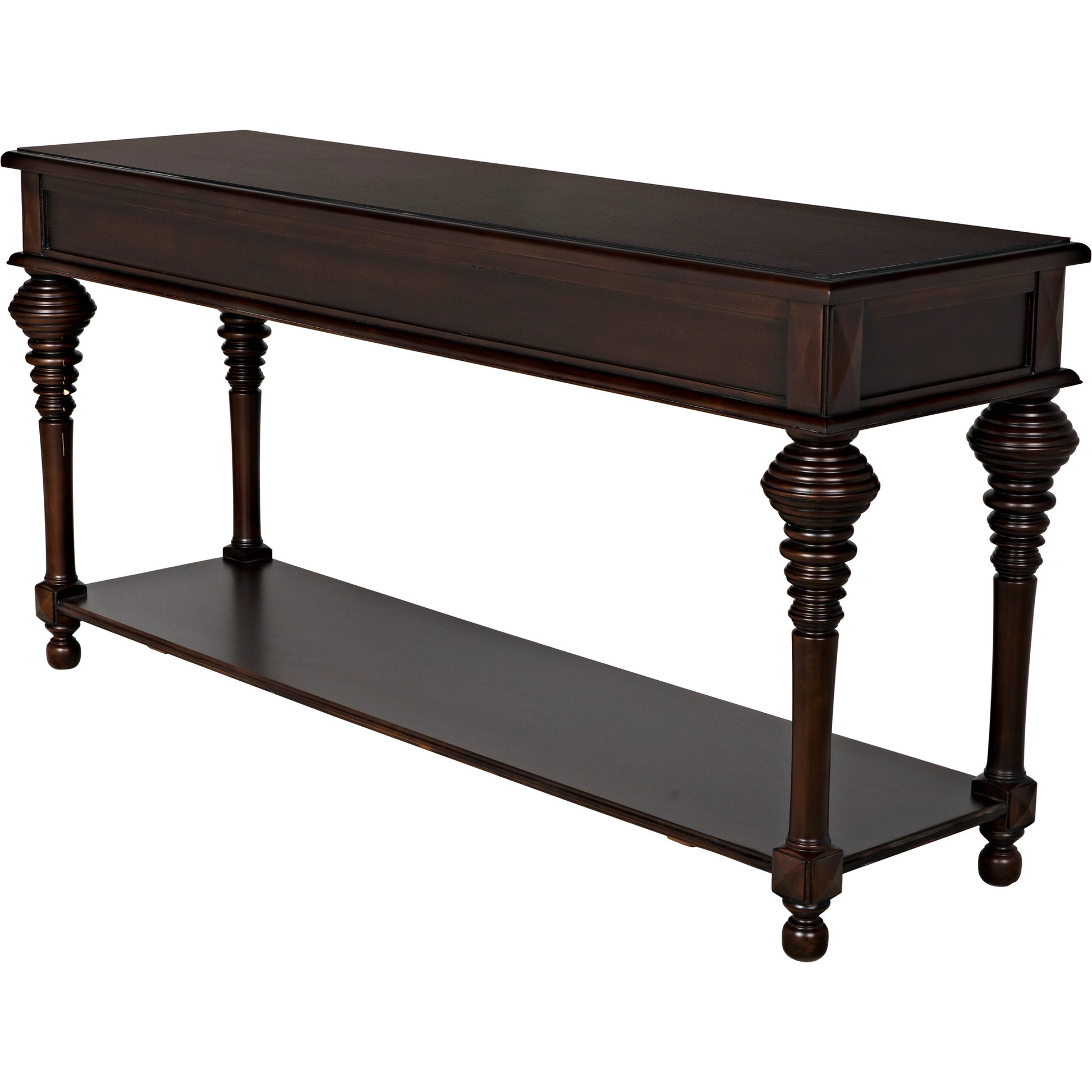 Colonial Sofa Table by Noir in distressed brown. Made from birch in a traditional style.