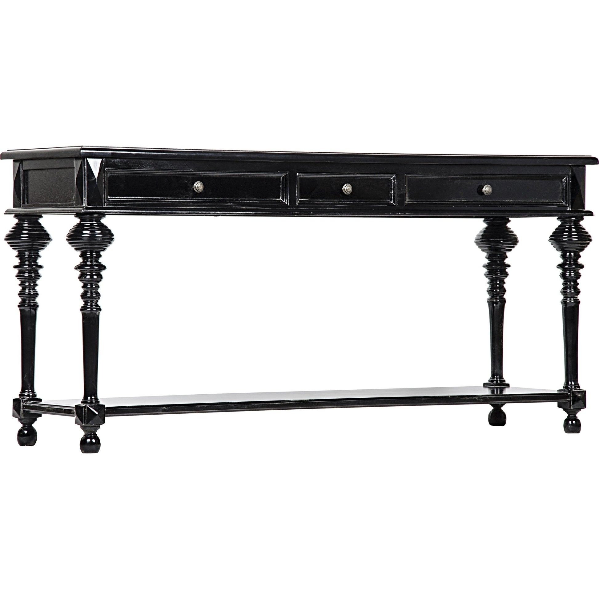 Colonial Sofa Table by Noir in distressed brown. Made from birch in a traditional style.
