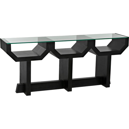 Ando Console by Noir in hand rubbed black. Made from mahogany and glass in a modern style.