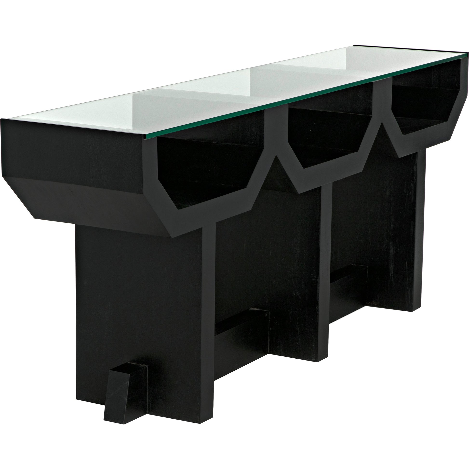 Ando Console by Noir in hand rubbed black. Made from mahogany and glass in a modern style.