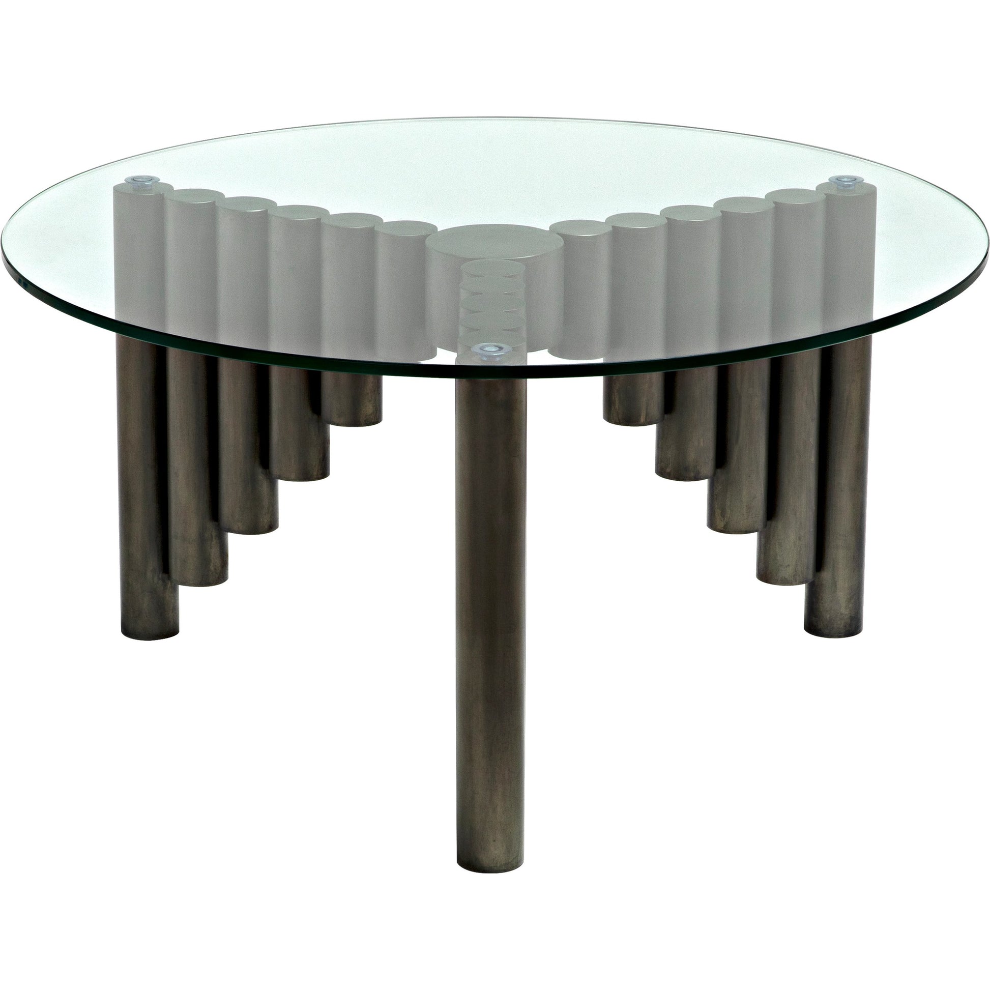 Organum Coffee Table by Noir in gunmetal. Made from industrial steel and glass in a modern style.