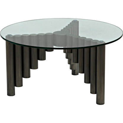 Organum Coffee Table by Noir in gunmetal. Made from industrial steel and glass in a modern style.