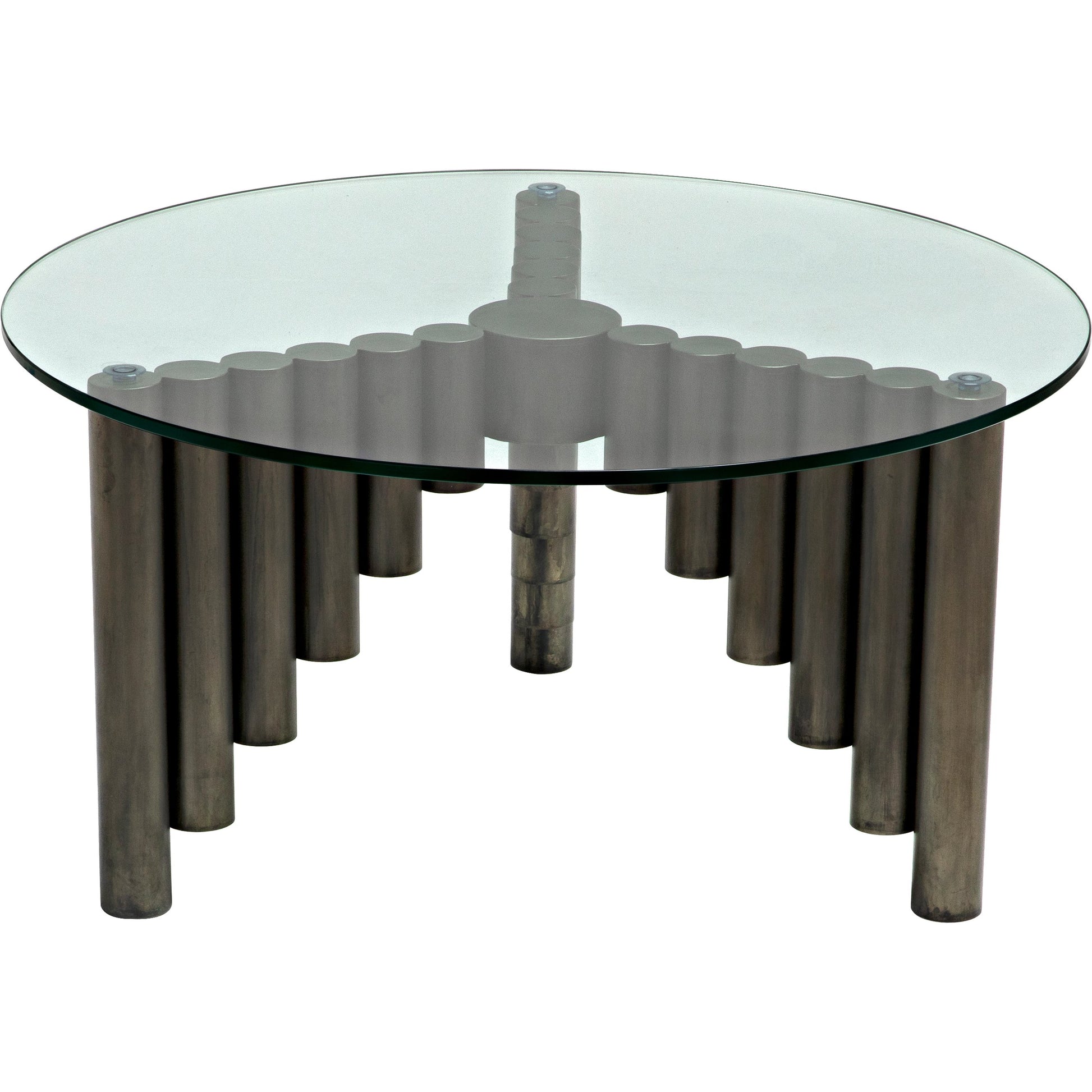 Organum Coffee Table by Noir in gunmetal. Made from industrial steel and glass in a modern style.