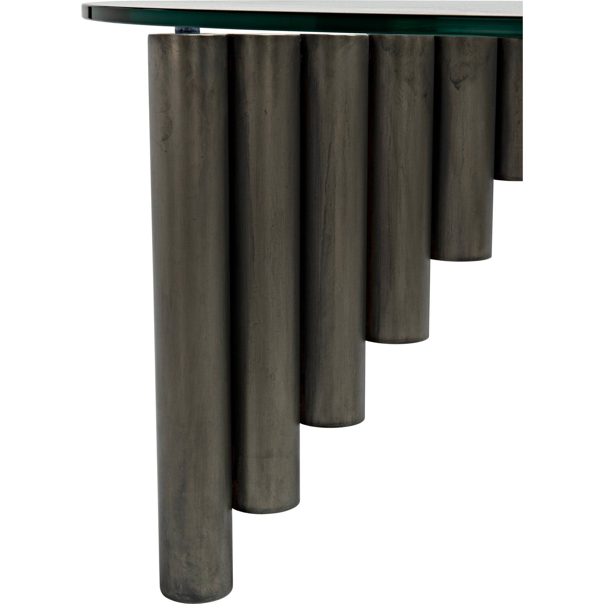 Organum Coffee Table by Noir in gunmetal. Made from industrial steel and glass in a modern style.