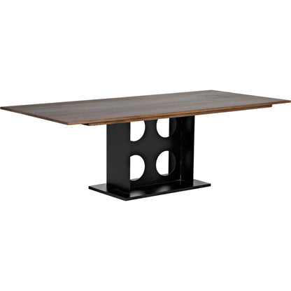 Cameron Table by Noir in dark walnut. Made from industrial steel, walnut, and veneer in a modern style.