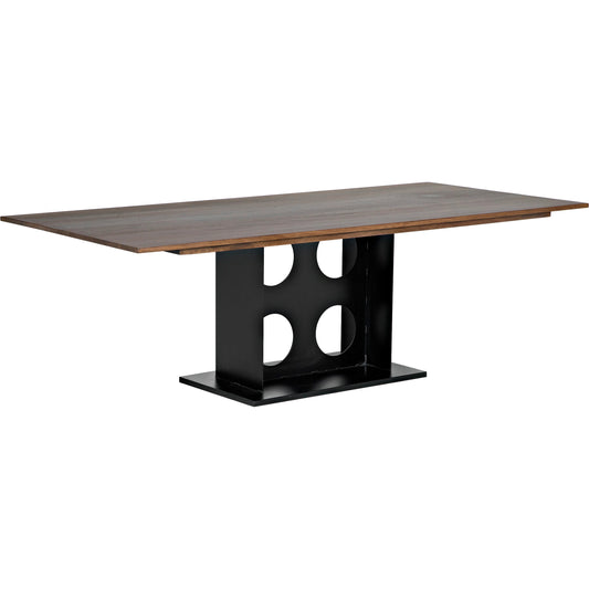 Cameron Table by Noir in dark walnut. Made from industrial steel, walnut, and veneer in a modern style.