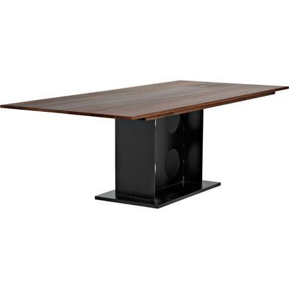 Cameron Table by Noir in dark walnut. Made from industrial steel, walnut, and veneer in a modern style.