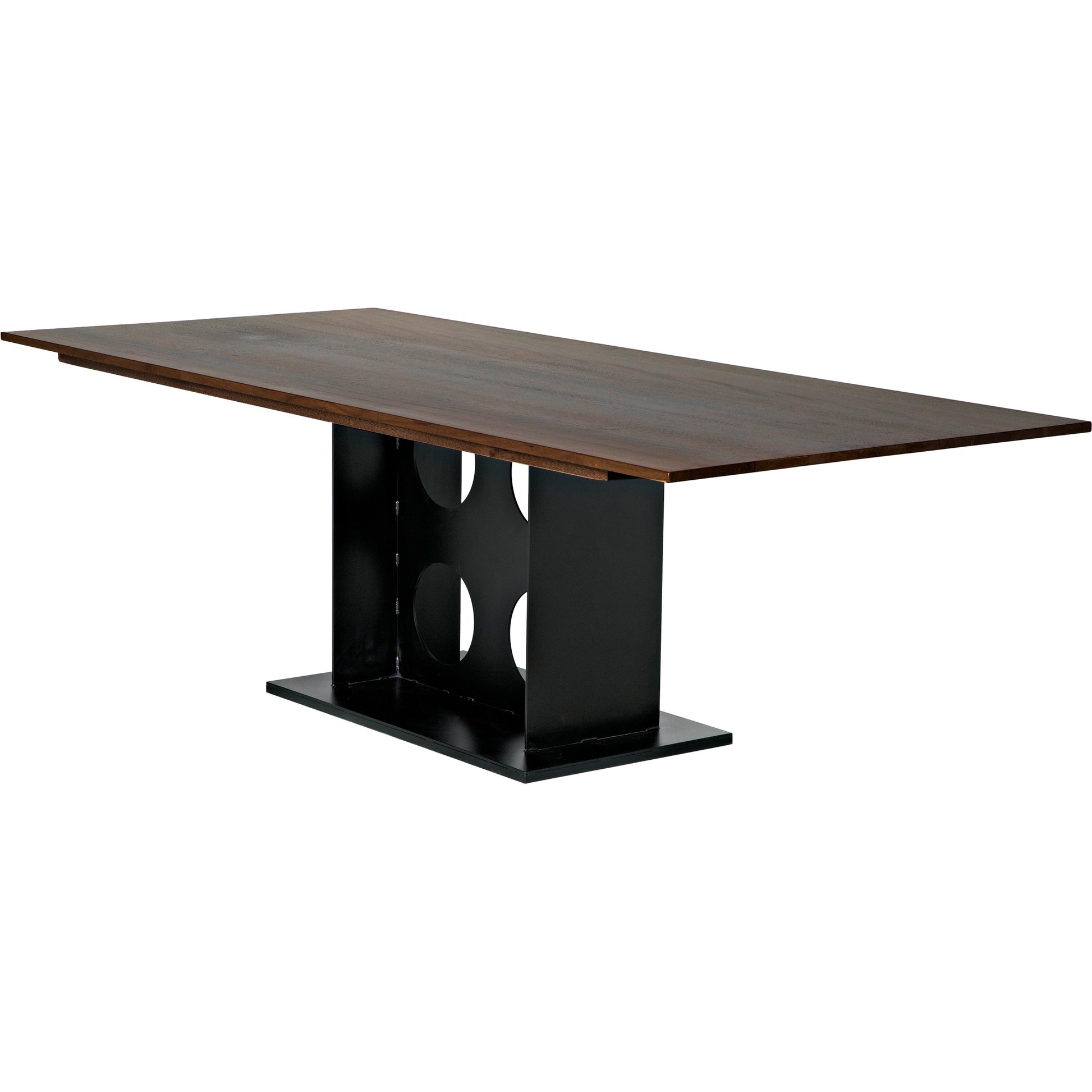 Cameron Table by Noir in dark walnut. Made from industrial steel, walnut, and veneer in a modern style.