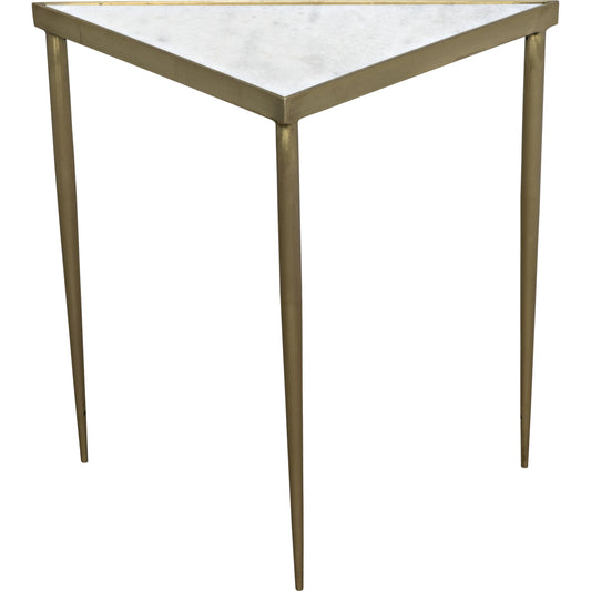 Comet Triangle Side Table by Noir in antique brass. Made from metal, stone in a modern style.