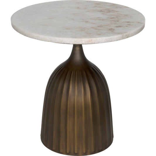Samuel Side Table by Noir in aged brass. Made from industrial steel and white marble in a modern style.
