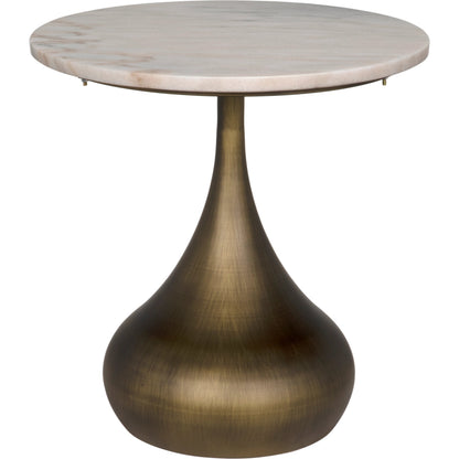 Mateo Side Table by Noir in aged brass. Made from industrial steel and white marble in a modern style.
